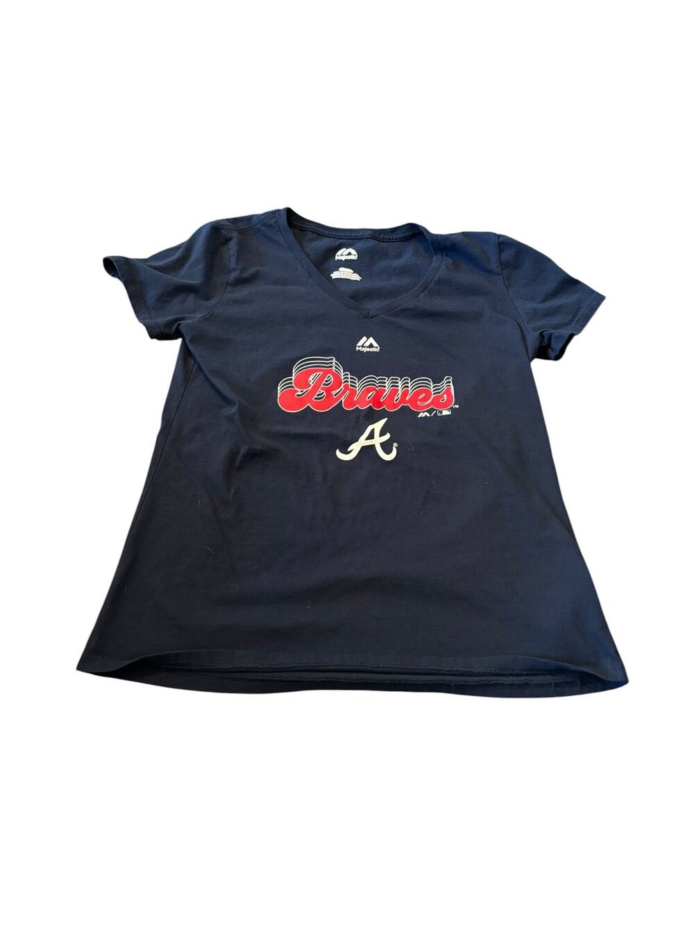 Majestic Navy Blue V-Neck Atlanta Braves Size S Women's